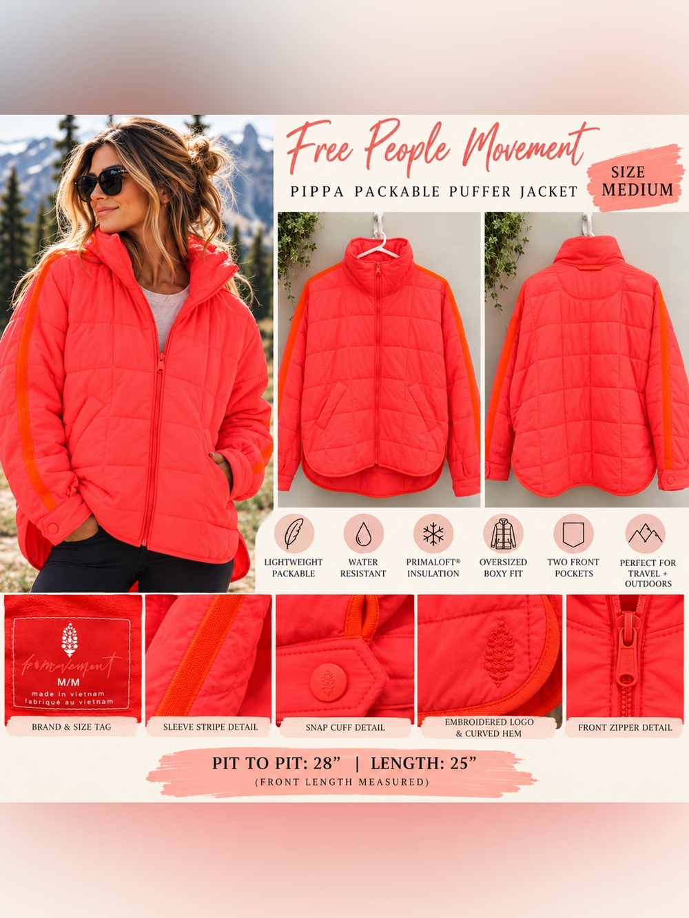 Free People FP Movement Pippa Packable Puffer Jacket M Neon Coral Orange
